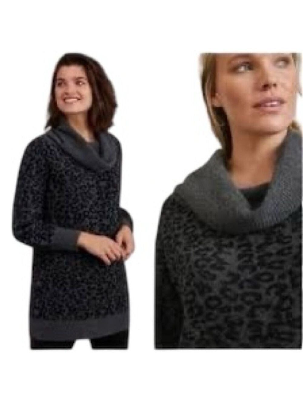 Anthropologie Emmy Cowl Neck Tunic Sweater Gray & black leopard Wool Blend Small